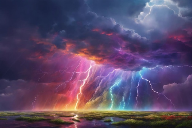 Sfondo temporale arcobaleno Sfondo colorato cielo tempestoso Cielo temporalesco Fulmine colorato AI generativo