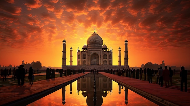 Sfondo tramonto con Taj Mahal nel concetto di silhouette di Agra India