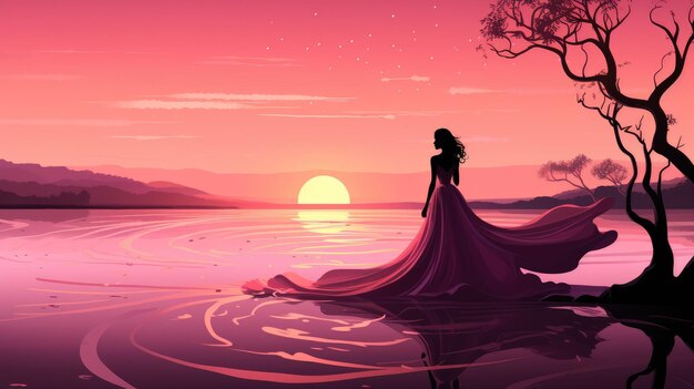 sfondo tramonto sereno con una silhouette di una donna in un abito a forma di nastro rosa