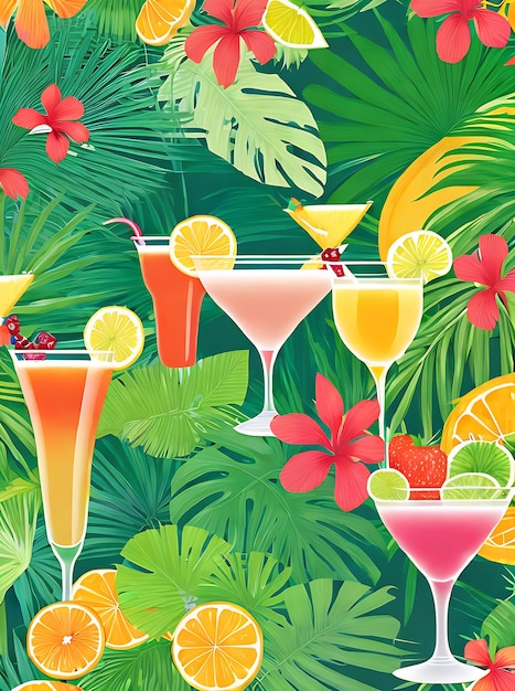 Sfondo tropicale con cocktail frutta e fiori