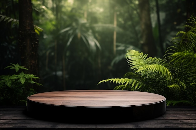 sfondo tropicale con tavolo rotondo di legno