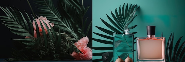 Sfondo tropicale esotico e colorato Mockup di bottiglia di profumo in vetro