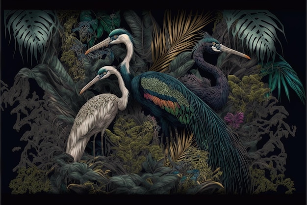 Sfondo tropicale uccelli reali airone pavone foglie di felce colorate Illustrazione digitale AI