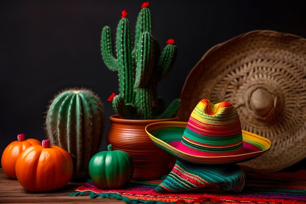 Sfondo vacanza Cinco de Mayo Cactus messicani e cappello sombrero da festa Illustrazione dell'IA generativa