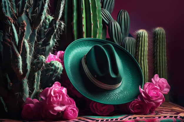 Sfondo vacanza Cinco de Mayo Cactus messicano con fiori in fiore e cappello sombrero da festa Illustrazione generativa dell'IA