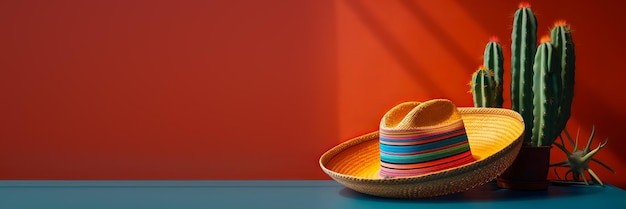 Sfondo vacanza Cinco de Mayo Cactus messicano e cappello sombrero da festa su banner rosso arancione Illustrazione dell'IA generativa