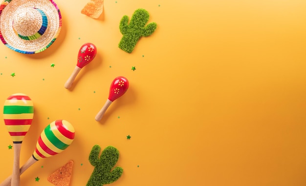 Sfondo vacanza Cinco de Mayo fatto da cactus maracas e cappello su sfondo giallo