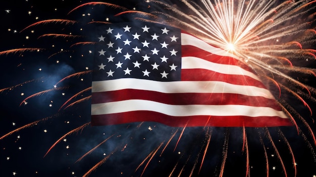 Sfondo vacanza USA con bandiera e fuochi d'artificio Illustrazione AI GenerativexA