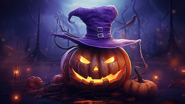 sfondo vendita halloween zucca in un cappello grande luna viola