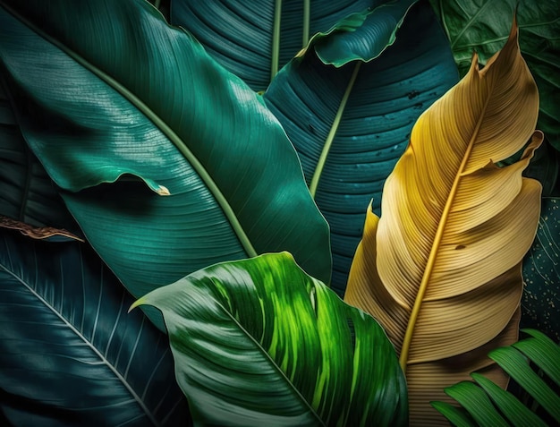 Sfondo verde astratto di banane tropicali e foglie di Monstera creato con la tecnologia AI generativa