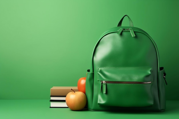 Sfondo verde con borsa da scuola e accessori educativi IA generativa