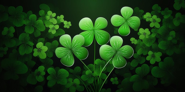 Sfondo verde con trifogli a tre foglie Lucky Irish Four Leaf Clover nel campo per il simbolo della festa di San Patrizio