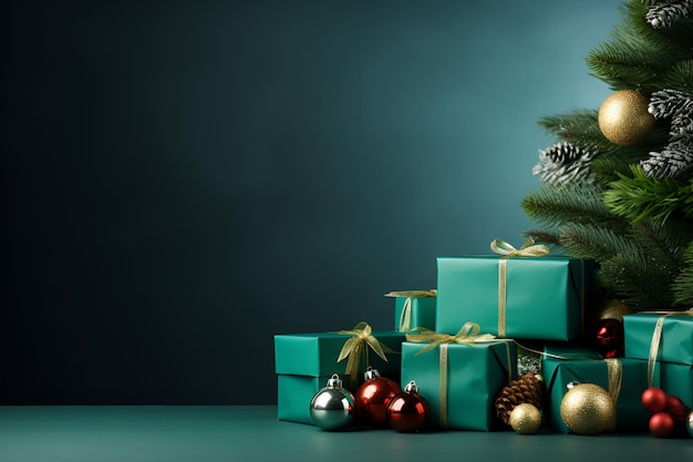 Sfondo verde di Capodanno con albero di Natale decorato con palline dorate e regali