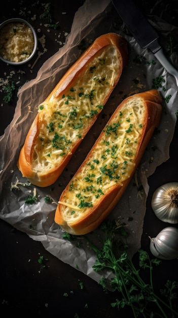 Sfondo verticale di pane all'aglio appena sfornato