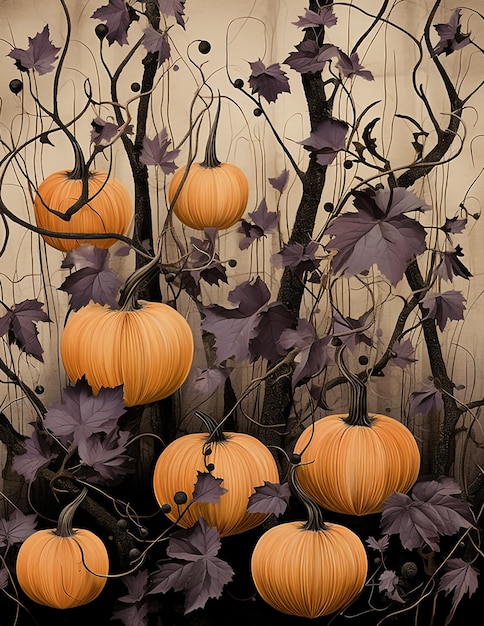 Sfondo vintage autunno Halloween con fiori e zucche