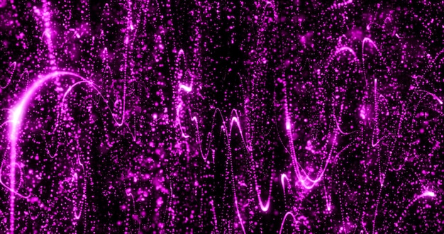 Sfondo viola astratto da particelle di pixel e linee che volano in onde di alta tecnologia futuristica