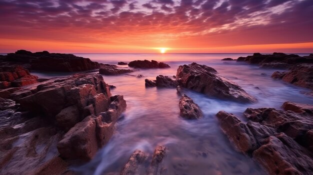 sfondo viola brillante e tramonto arancione su rocce nel mare o nell'oceano