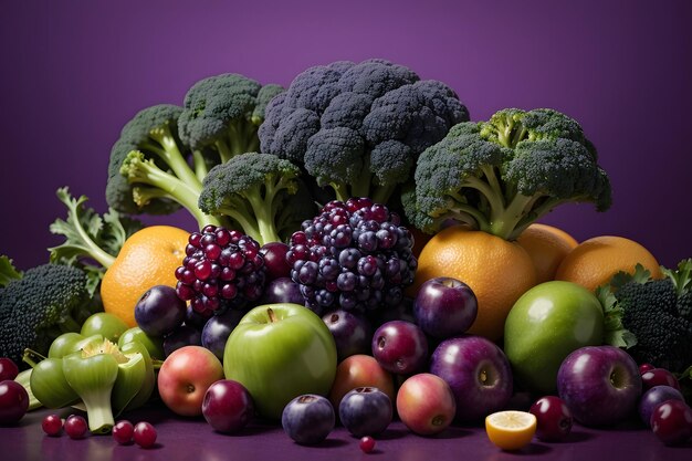 Sfondo viola con frutta e verdura compresi i broccoli