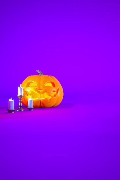 Sfondo viola di Halloween con candele Jack o Lantern e spazio per la copia