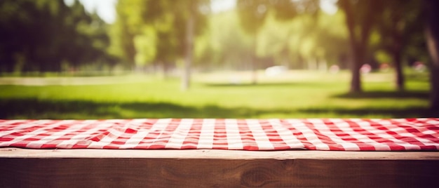 sfondo vuoto tavolo da picnic coperto in un fresco paese rosso e bianco tessuto a scacchi per il vostro