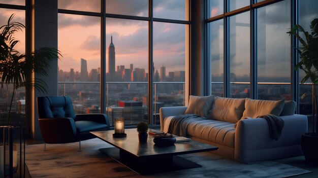 sfondo Zoom Penthouse Living Room con grandi finestre e mobili eleganti Generative AI