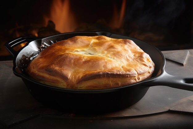 Sformato di carne in padella rustica di ghisa con vapore che sale dal ripieno creato con ai generativo