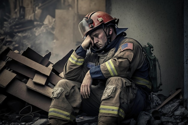 Sforzo eroico Un vigile del fuoco seduto esausto e triste.