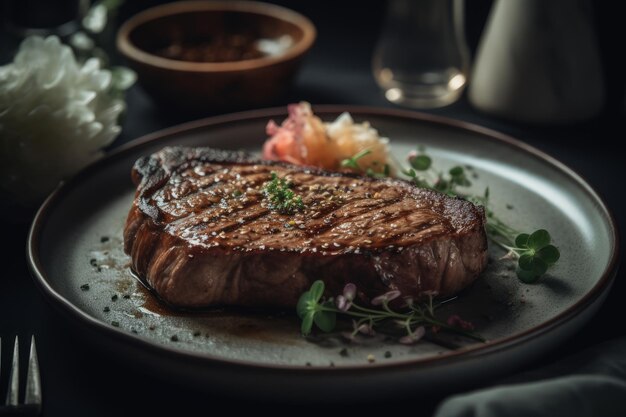 Sfumature morbide della bistecca di manzo alla griglia su un piatto generativo AI