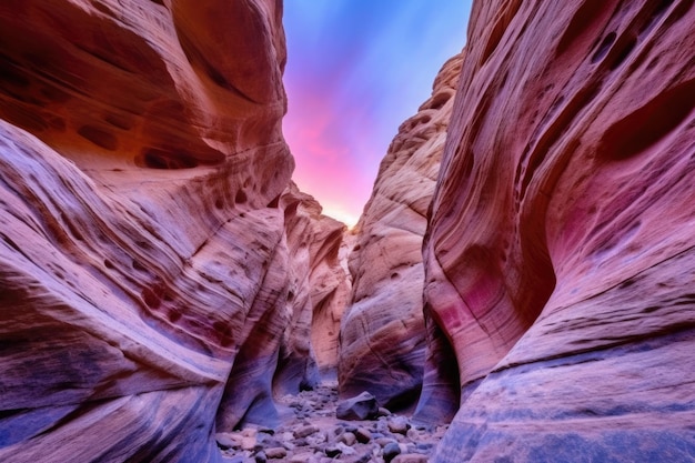 Sfumature viola e rosa al tramonto su un canyon a fessura