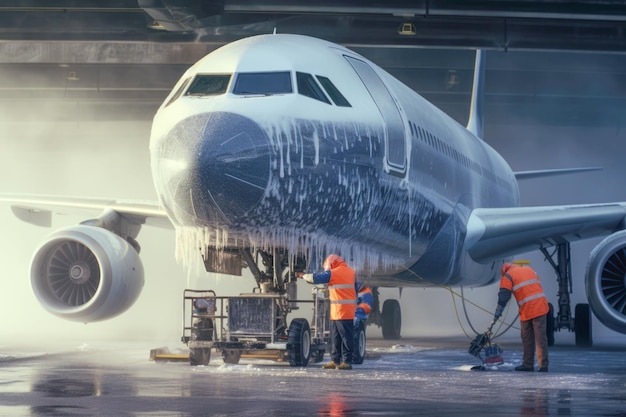 Sghiacciamento degli aerei per viaggi sicuri Una macchina specializzata all'aeroporto rimuove il ghiaccio dalla superficie di un aereo, un aspetto cruciale della sicurezza aerea durante l'inverno