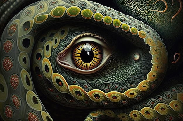 Sguardo attento Occhio di serpente Arte surreale contemporanea Concetto di creatività surrealismo immaginazione Disegno astratto