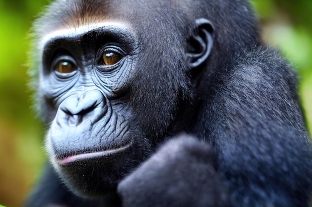 Sguardo di gorilla meditabondo con muso lucente e occhi chiari