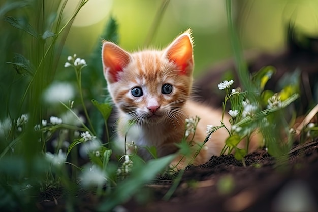 Sguardo premuroso negli occhi verdi di un piccolo gattino rosso Una bella immagine di uno zenzero assolutamente adorabile