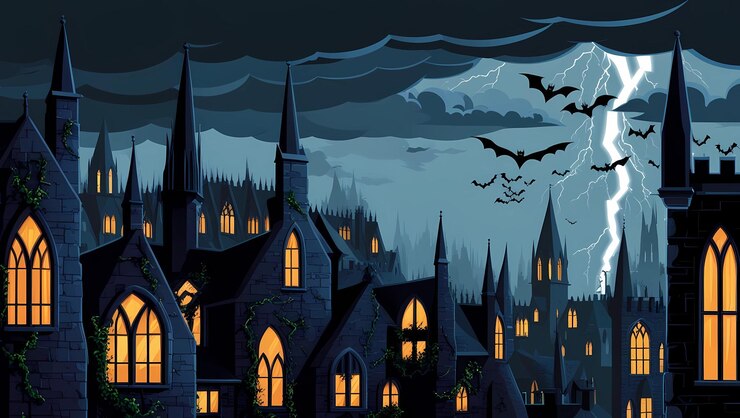 Shadowed Gothic Architecture a castle with bats flying in the night sky