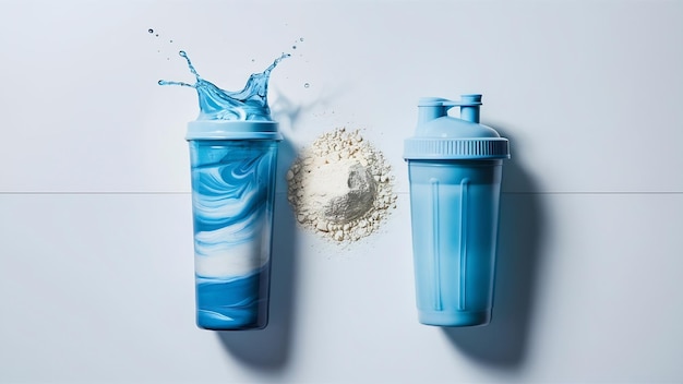 Shaker con proteine isolate su sfondo bianco