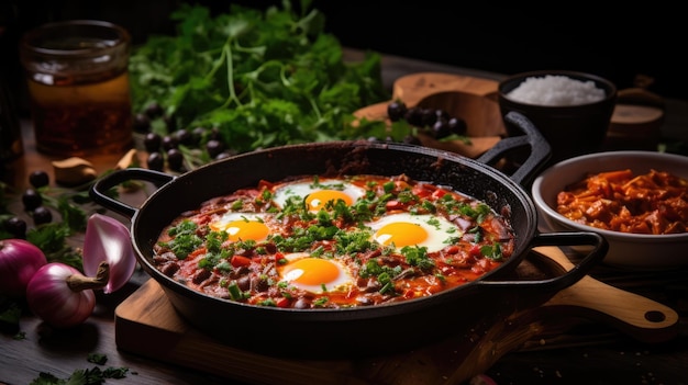 Shakshouka è un piatto maghrebino di uova cotte in salsa di pomodori