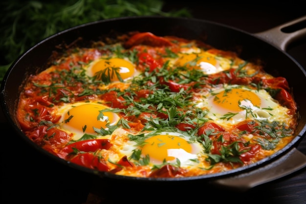 Shakshuka con uova, pomodori maturi e aromatiche erbe verdi in una padella sullo sfondo nero