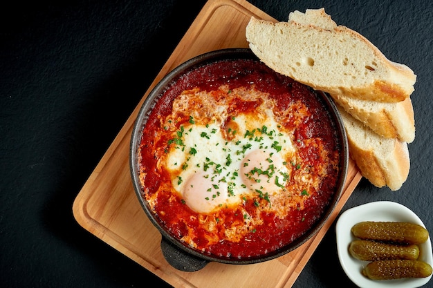 Shakshuka di uova fritte in salsa di pomodoro in una padella su un piatto bianco su sfondo nero