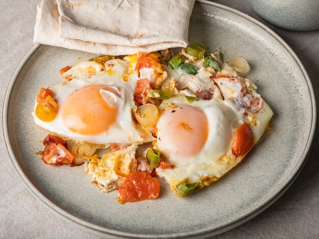 Shakshuka fatto in casa, uova fritte, porri, peperoni e pomodori in un piatto grigio. cuis mediterraneo