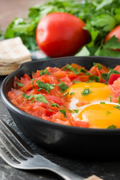 Shakshuka in padella di ferro sul tavolo di legno Alimento tipico in Israele.