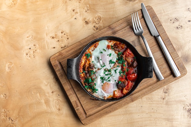 Shakshuka in padella uova in camicia in salsa piccante di pomodoro e peperoni