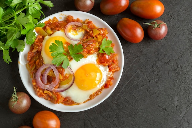 Shakshuka, un piatto tradizionale israeliano. Uovo soleggiato con pomodori in umido.