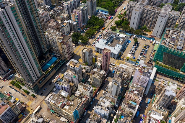 Sham Shui Po, Hong Kong, 14 settembre 2019: Veduta aerea della città di Hong Kong