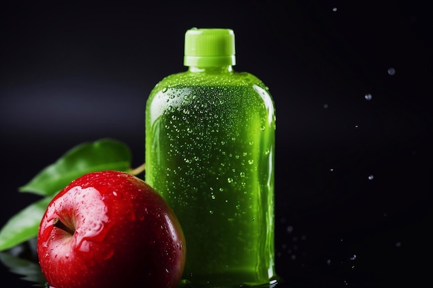 Shampoo con mela succosa e gocce sullo sfondo Bel design di pubblicità di prodotti cosmetici
