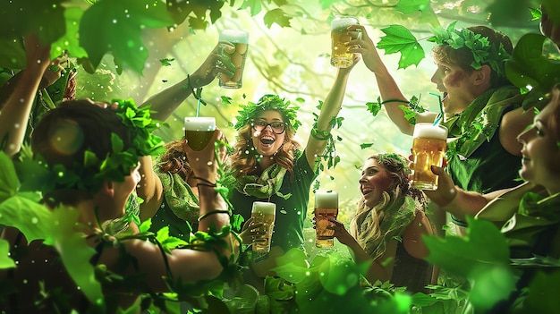 Shamrock e birra del giorno di San Patrizio con illustrazioni sullo sfondo verde