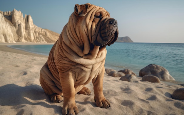 Shar Pei è seduto sulla spiaggia professionale pubblicità post foto ai generato