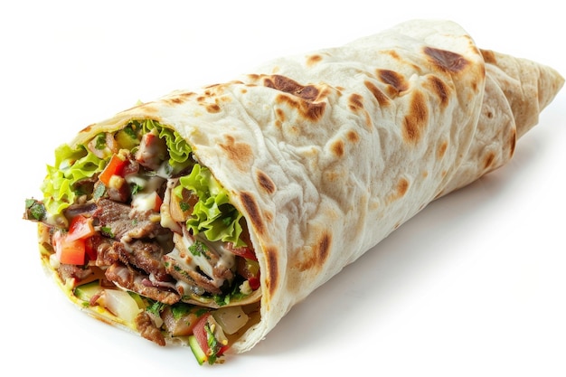 Shawarma appena fatto su sfondo bianco