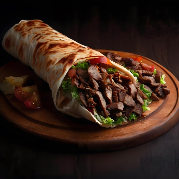 shawarma avvolto con carne e verdure su un tavolo di legno