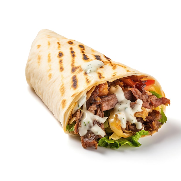 Shawarma avvolto con carne, verdure e salsa su sfondo bianco