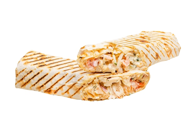 shawarma classico in pane pita, tagliato in una sezione, su sfondo bianco isolato, superiore e laterale